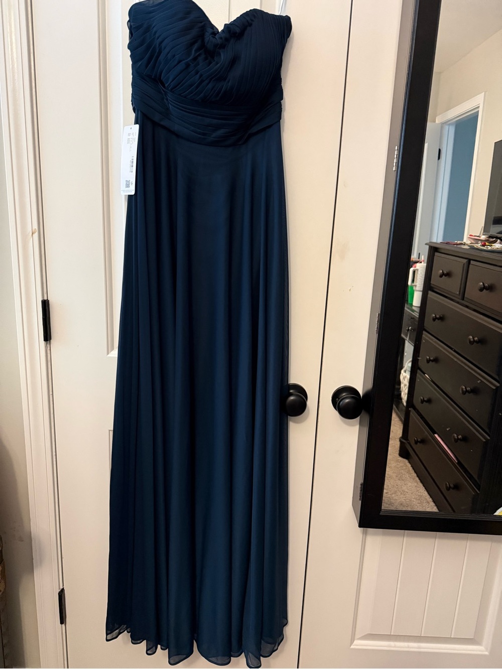 Azazie Strapless Navy Chiffon Pleated Sweetheart Gown